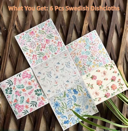 Swedish Dishcloths - 6 Pack Reusable Floral Cleaning Towels for Kitchen