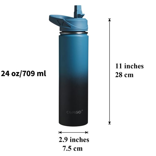 CIVAGO 24 oz Insulated Water Bottle With Straw, Stainless Steel Sports Water Flask Cup with 3 Lids (Straw, Spout and Handle Lid), Double Walled Travel Thermal Canteen Mug, Black