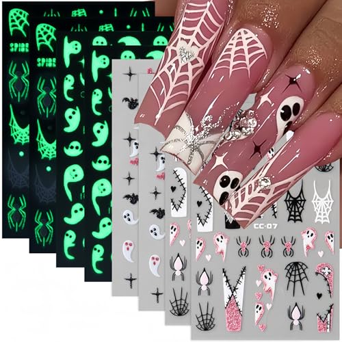 Halloween Luminous Nail Stickers 3D Glow in the Dark Ghost Spider Decals 8 Sheets