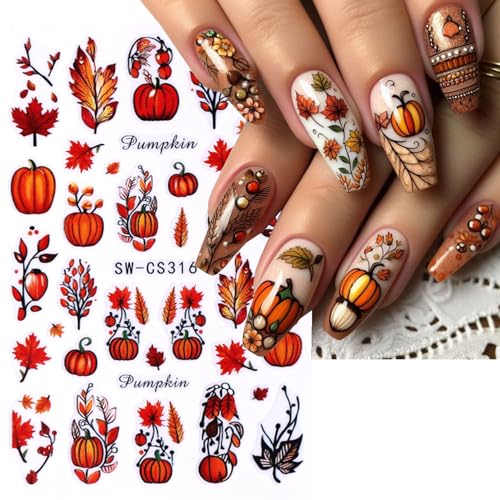 Fall Nail Stickers 3D Thanksgiving Pumpkin Autumn Leaves Decals 4 Sheets