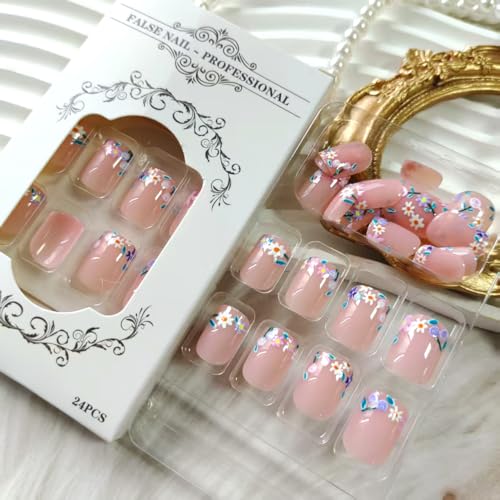 Short Square Daisy Press On Nails with Jelly Glue 24Pcs