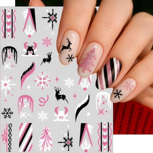 Pink Christmas Nail Stickers 6 Sheets 3D Winter Reindeer Snowflake Decals