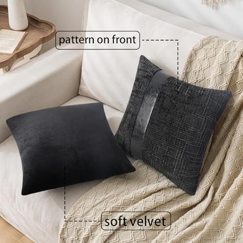 Black Chenille Throw Pillow Cover 18x18 with Faux Leather Accents