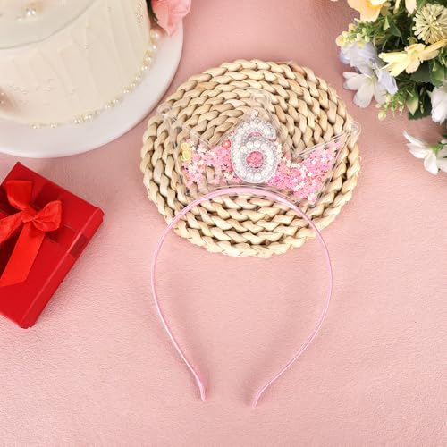 Penitue Pink Glitter Birthday Crown Headband with Pearls for Girls Party