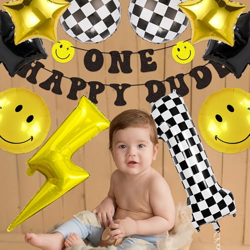24 Pcs One Happy Dude Birthday Balloon Kit - Modern Black, Gold & Checkered Party Decorations
