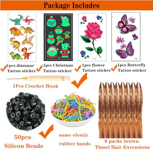 Brown Hair Tinsel Kit with Extension Tools and 1760 Strands Heat Resistant Glitter Fairy Hair