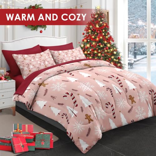 WeCozy King Christmas Comforter Set with Sheets - Pink Holiday Bedding, 7 Piece