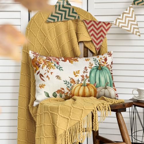 Fall Pumpkin Maple Leaves Pillow Cover 12 x 20 Inch