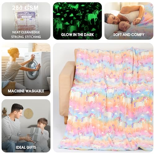Glow in The Dark Unicorn Blanket for Kids - Soft Flannel, 50"x60"