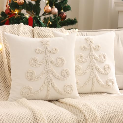 Christmas Tree 3 Set of 2 Farmhouse 18x18 Inch Decorative Pillow Covers for Holiday Couch Sofa Bed