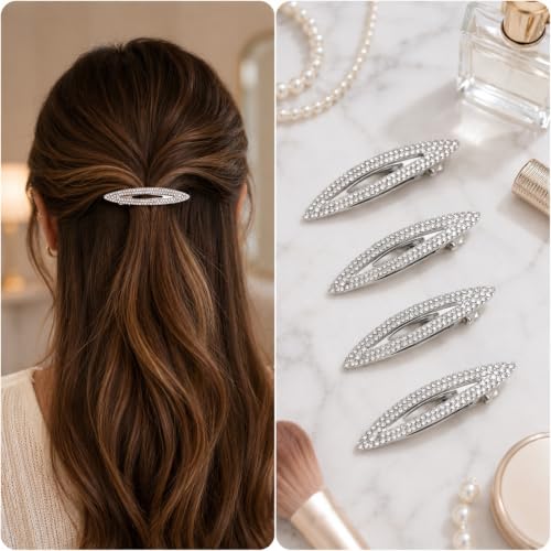 Rhinestone Hair Clips Set 4 Pcs 2.4 Inch Silver Metal Snap Barrettes