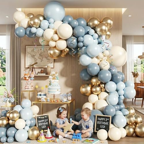 Dusty Blue Gold Balloon Garland Arch Kit - 128 Pieces for Parties