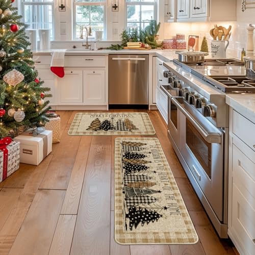 Buffalo Plaid Xmas Tree Kitchen Mats Set of 2 - Brown & Beige, 17x29 & 17x47 Inches