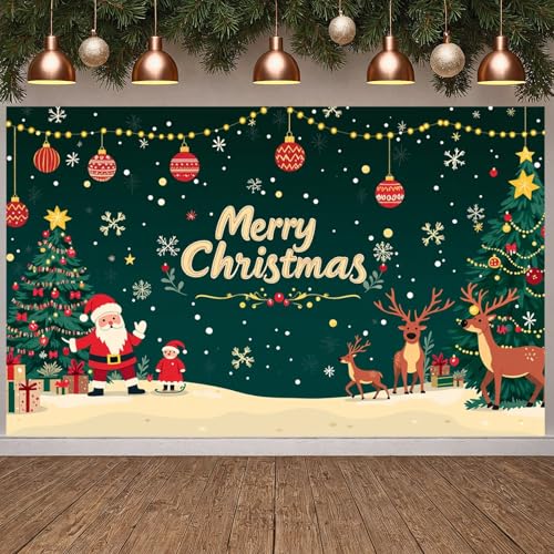 Merry Christmas Banner - Large 70.9x43.3in, Festive Xmas Decor with Santa & Reindeer