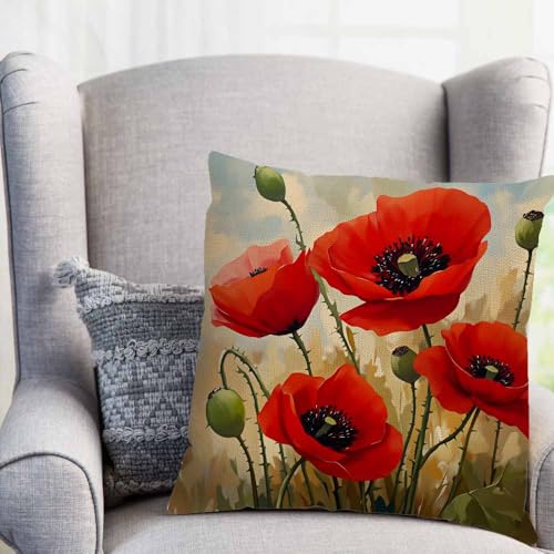 LAVVIEGO 18x18in Red Poppies Throw Pillow Cover - Floral Linen Blend Cushion