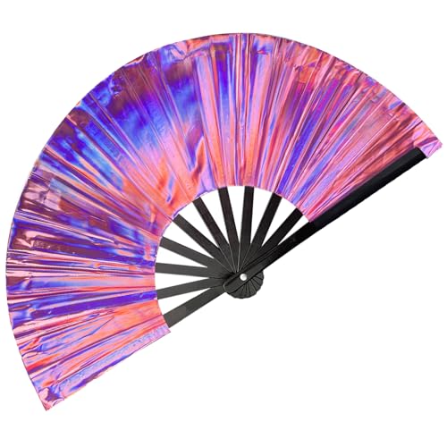 dmjuncong Folding Hand Rave Fan, Holographic Purple, 11 Inch Large PVC Fan