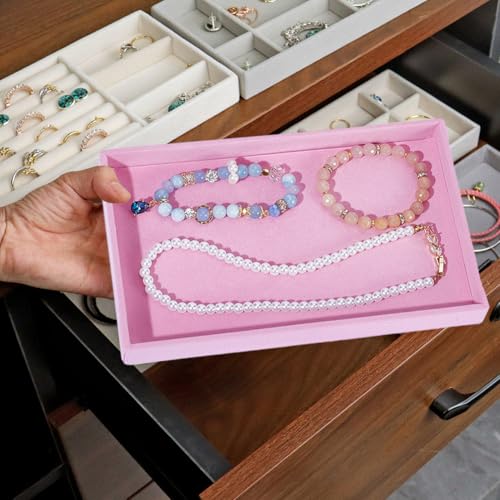 2Pcs Pink Velvet Jewelry Drawer Organizer Trays, Stackable Blank Inserts