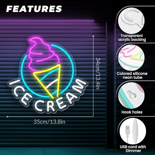 Ice Cream Neon Sign for Wall Decor Dimmable LED Light - Blue, For Ice Cream Shop & Party