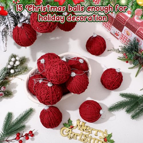 15 Pcs Burgundy Red Yarn Christmas Ornaments Balls Bulk Rustic Farmhouse Holiday Decorations