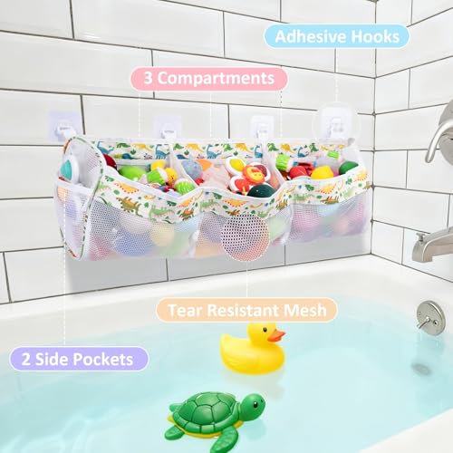 Dinosaur Bath Toy Organizer - 3 Compartment Storage with Hooks
