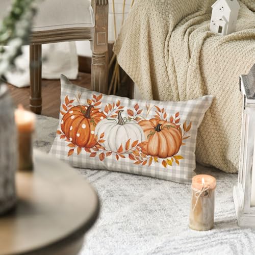 Fall Pumpkin Plaid Throw Pillow Cover - 12x20 Inch Seasonal Decor