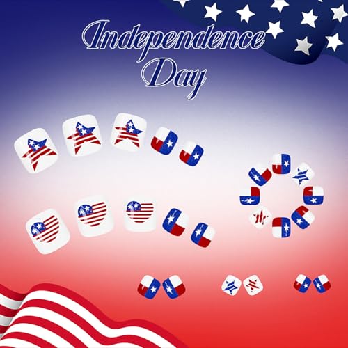 Patriotic Press on Toenails Short Square Red White Blue False Toe Nails