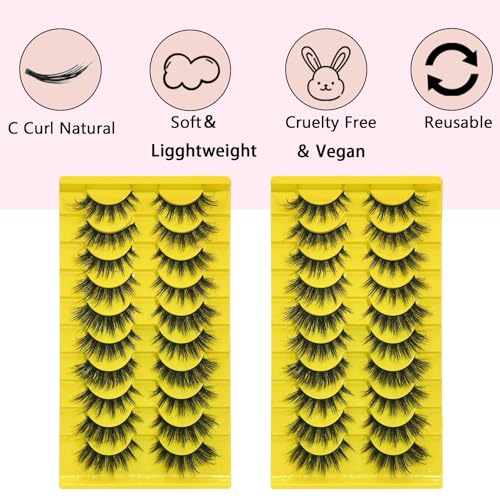 Wispy Cat Eye False Eyelashes - Fluffy Faux Mink Strip Lashes 10 Pairs
