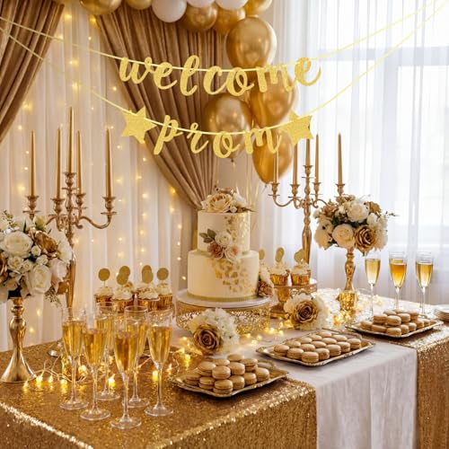 Welcome Prom Gold Glitter Banner Decoration with Stars Photo Prop