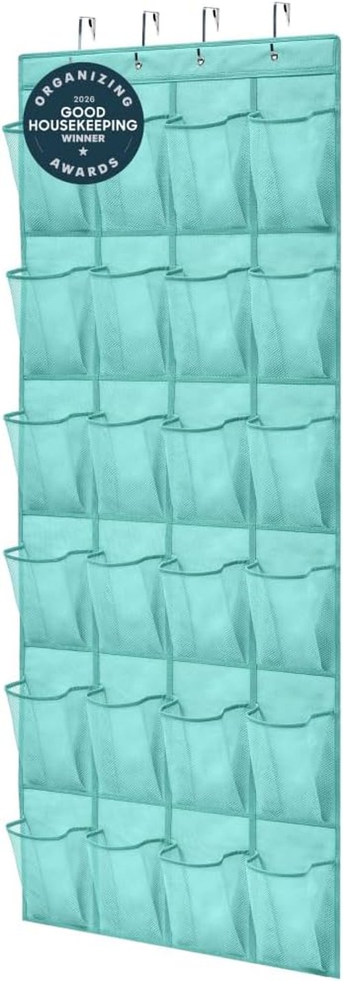 GORILLA GRIP Over The Door Shoe Organizer - 24 Large Breathable Mesh Pockets | Space-Saving Storage in Turquoise