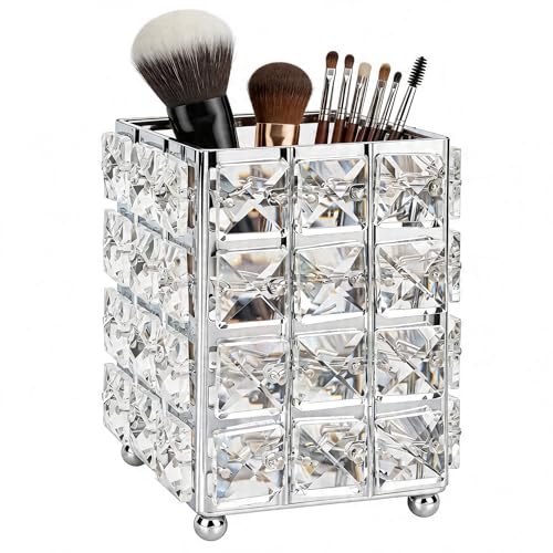 LUEXBOX Silver Square Makeup Brush Holder Organizer with 2 Compartments