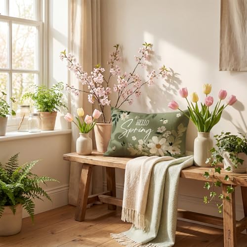 Hello Spring White Daisy Throw Pillow Cover - 12x20 Inch Eucalyptus Design