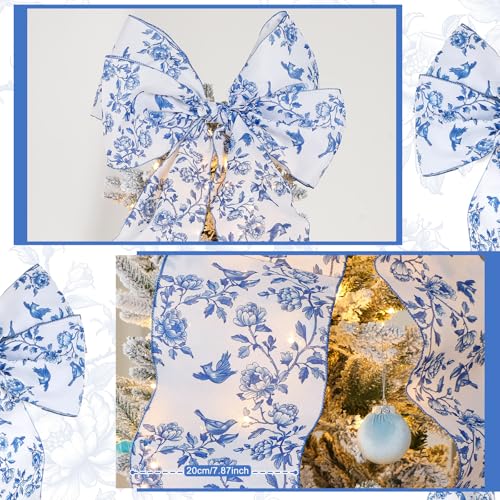 Extra Large Blue and White Christmas Bow Tree Topper 47 x 20 Inches - Elegant Holiday Decor