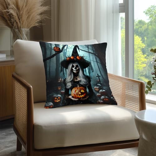 HOMETITUTE Set of 2 Day of The Dead Witch Pillow Covers 18x18