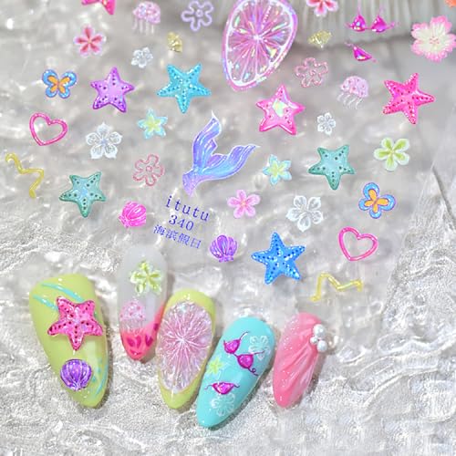 5D Summer Beach Nail Art Stickers Embossed Flowers & Sea Life Decals