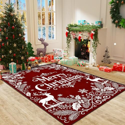Christmas Elk Rug 3x5 Indoor Washable Floor Mat for Kitchen and Living Room - Festive Holiday Decor