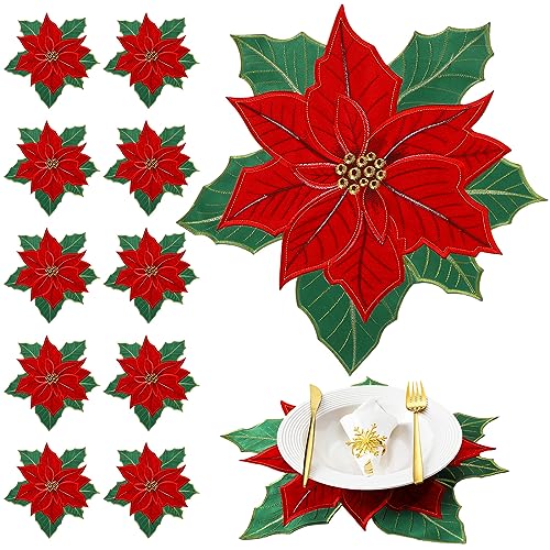 Christmas Embroidered Poinsettia Placemat Set 15x15 Inches for Holiday Dining
