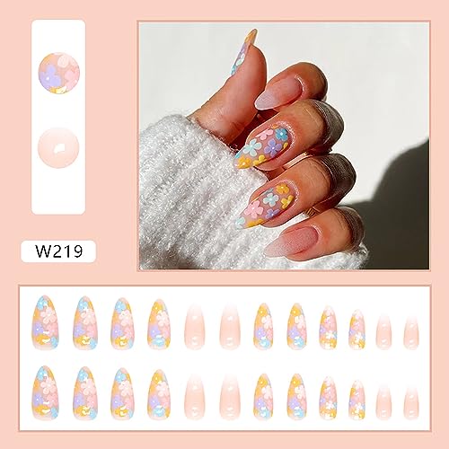Vezocim Floral Press On Nails Oval Glossy Nude Fake Nails Acrylic Set