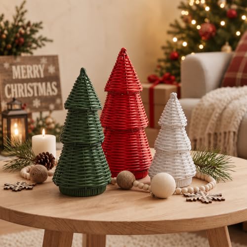 Qunclay 3 Pcs Rattan Christmas Tree Tabletop Decor - Classic Xmas Color