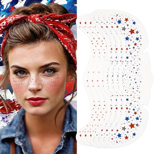 DUSCAU Patriotic Glitter Freckles Temporary Face Tattoos - 8 Sheets