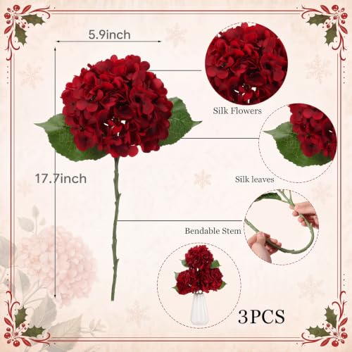 Artificial Hydrangea Flowers 3 Pack - Burgundy 17.7 Inch Christmas Decor