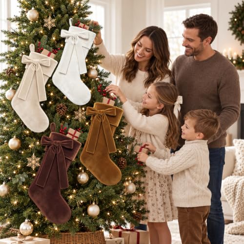 YUJUN 4 Pack 18in Brown Velvet Christmas Stockings Holiday Decor