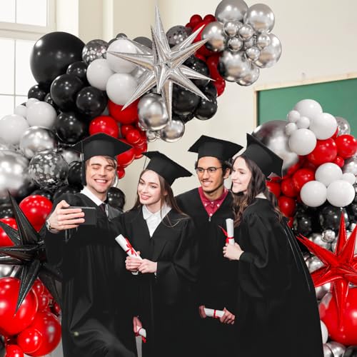 Red and Black Balloon Arch Kit with Silver & White Balloons for Parties
