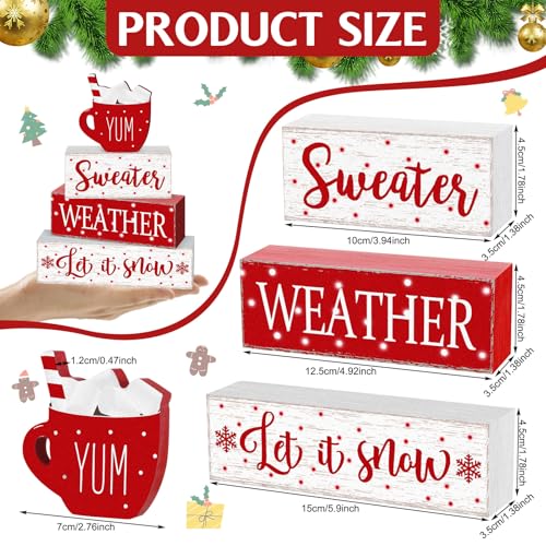 Red Winter Christmas Block Signs Set - 4 Pcs Tabletop Decor with Rustic Farmhouse Charm (Variation: White, Red)