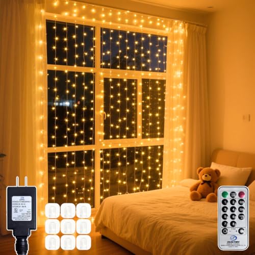 200 LED Warm White Curtain Fairy Lights 9.8x6.6FT with Remote & Hooks - Plug In