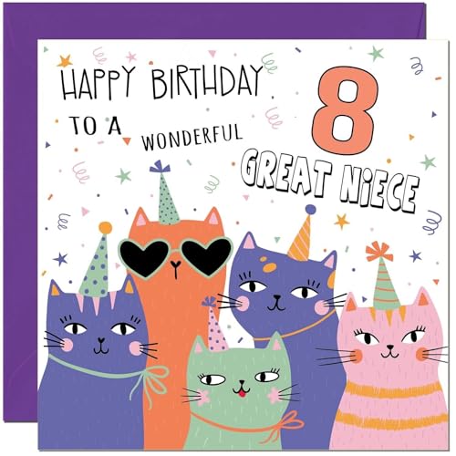 Cute Cat Birthday Card for 8 Year Old Great Niece - Eco-Friendly