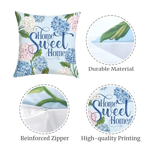 18x18 Set of 4 Blue Hydrangea Velvet Pillow Covers - Hidden Zipper, Seamless Design