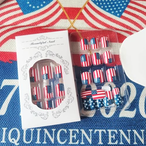 HZJXRT 4th of July Short Square Press on Nails - 24 Pcs Acrylic USA Flag Fake Nails with Glossy Finish