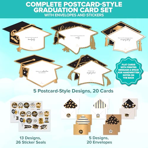 Graduation Card Set 20 Pack | 6.5x4.5in with Gold Foil & Glitter Designs