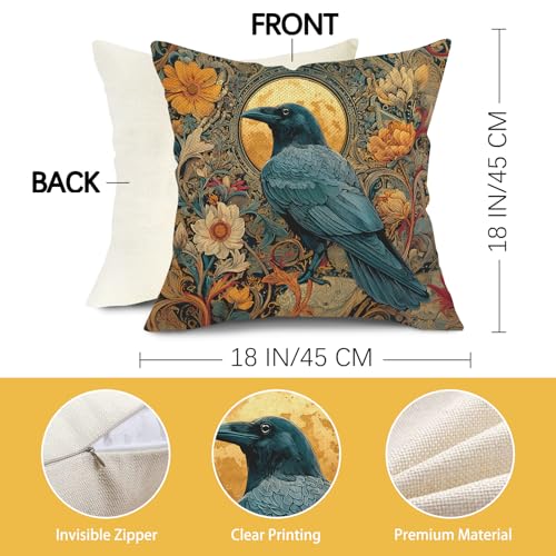 Vintage Crow Raven Throw Pillow Cover 18x18, Gothic Floral Moon Cushion Case