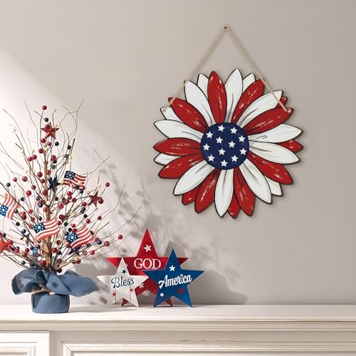 Patriotic Sunflower Wooden Wreath for 4th of July Decor